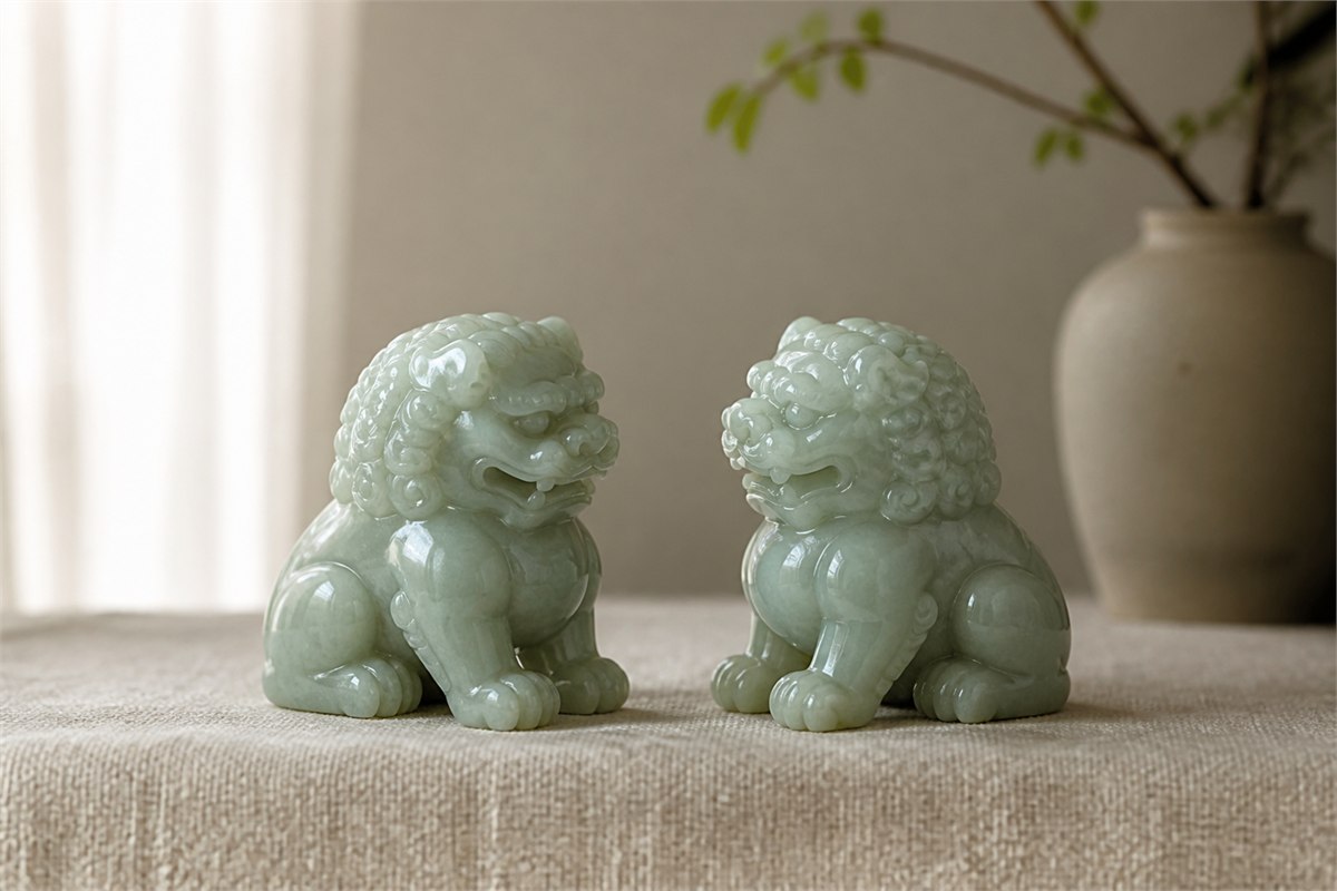Two equal pale jade lions turned gently toward each other on natural linen