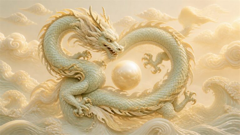 Pale celadon Chinese dragon curving around one luminous pearl above ivory waves