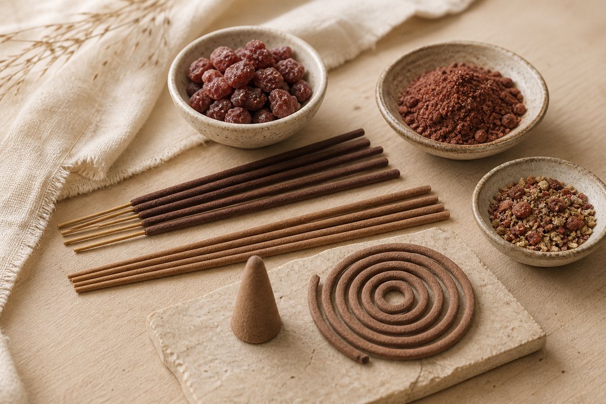 Raw resin, resin powder, bamboo-core sticks, coreless sticks, a cone, a coil, and a blended incense mixture
