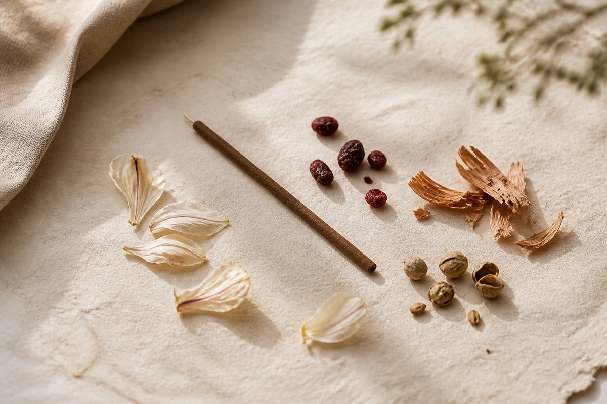 An unlit incense stick with dry red resin, pale petals, spice pods, and a cedar shaving