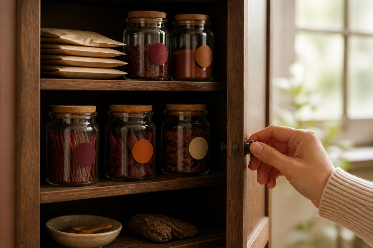 Separate sealed jars and paper packets store dry resin, powder, incense sticks, and cones inside a shaded wooden cabinet