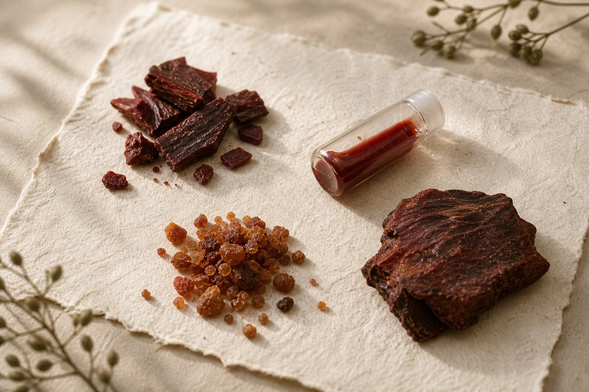 Several visually distinct dark red resin and plant material samples arranged separately on ivory paper