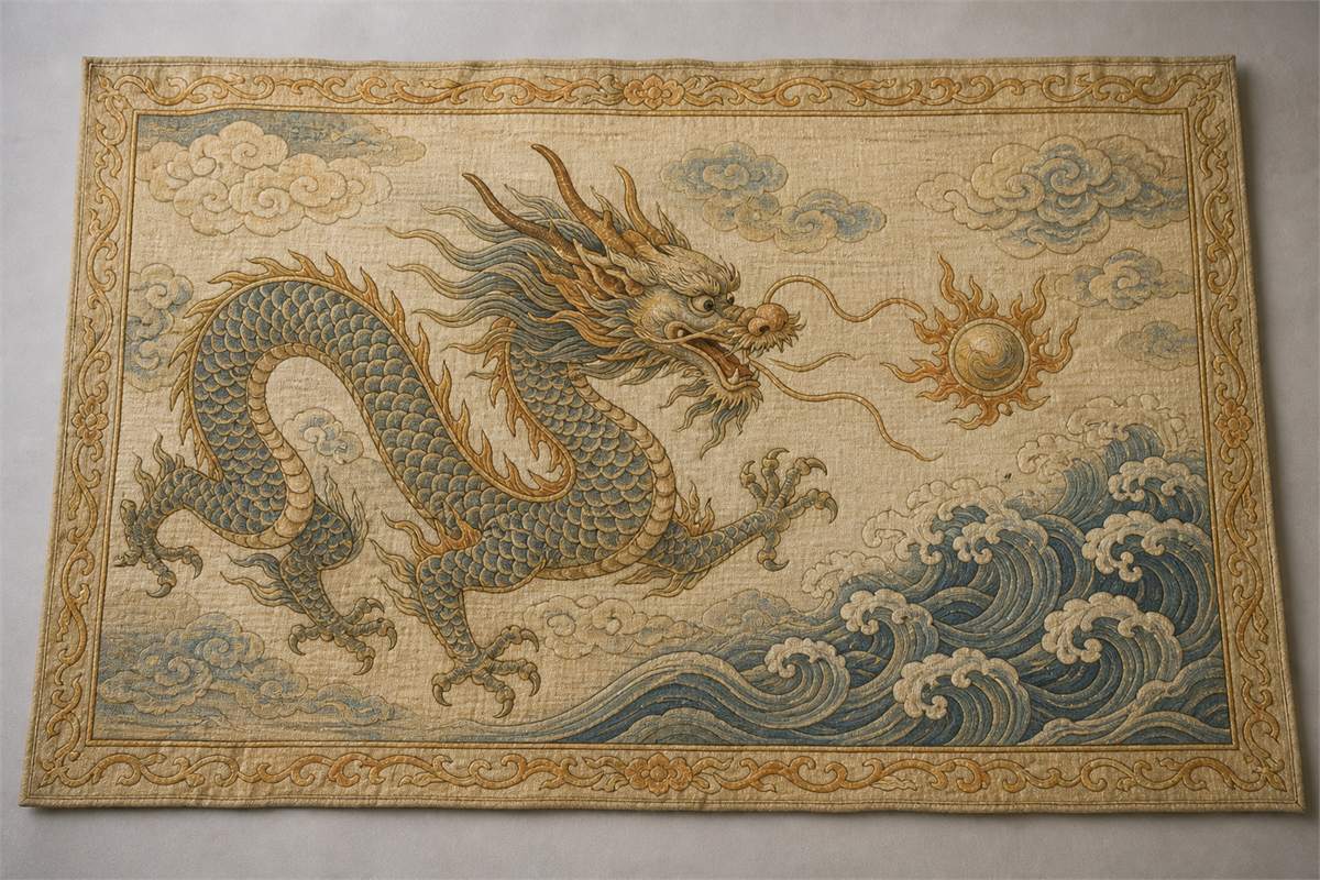 Original textile-style Chinese dragon facing a flame-edged pearl above stylized waves