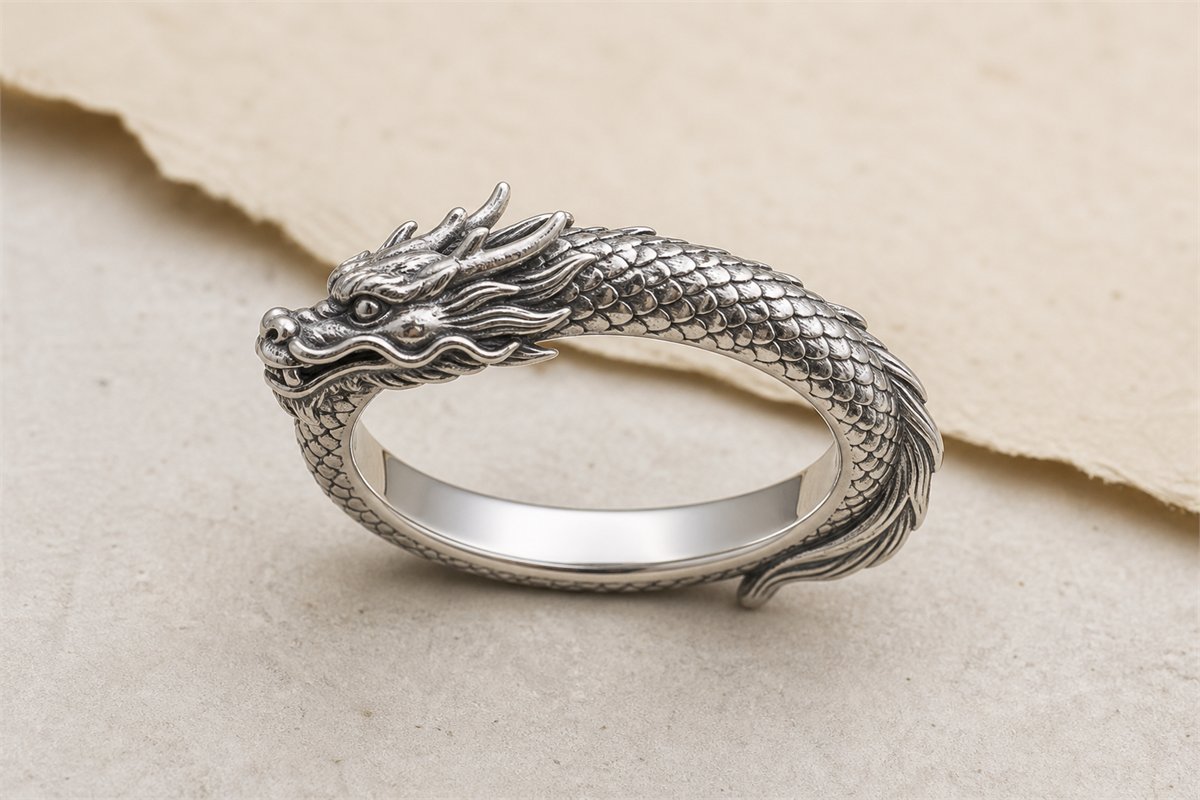 Silver Eastern dragon forming the circular band of a wearable ring