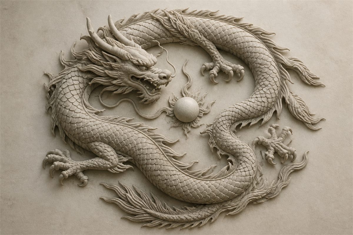 Pale carved Chinese dragon coiling around one restrained round pearl