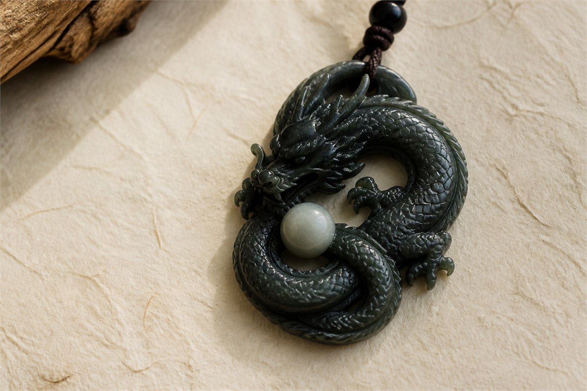 Dark green jade dragon pendant curving around a pale round pearl on ivory paper