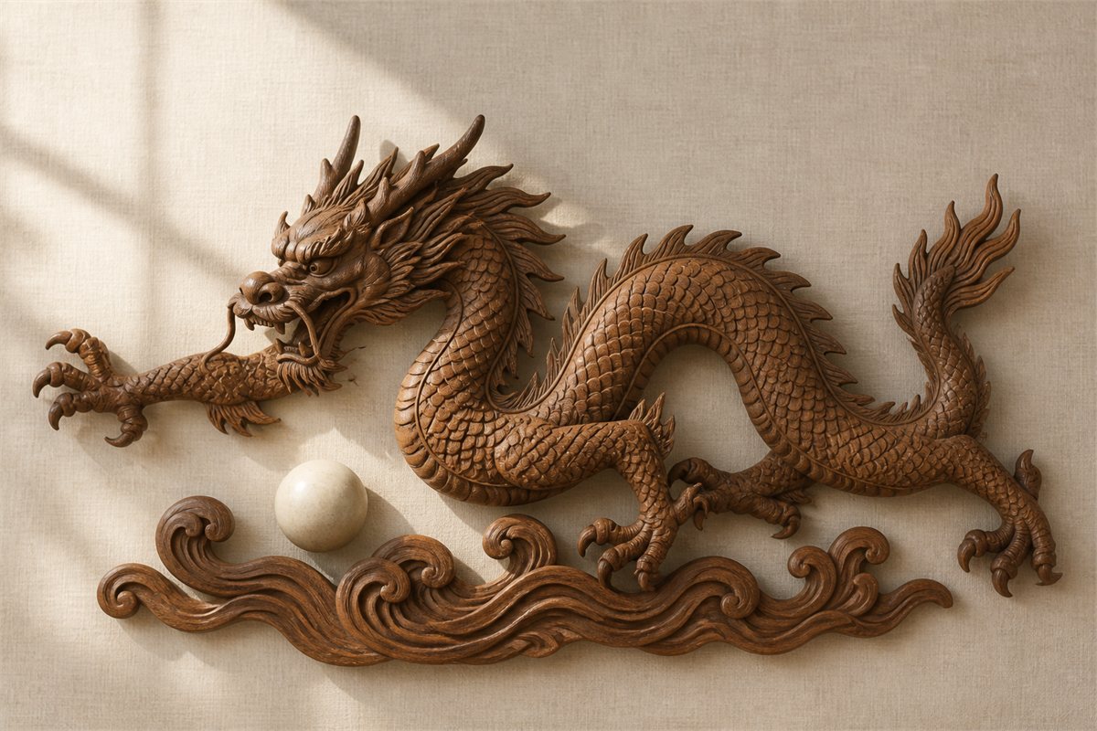Warm walnut relief of a Chinese dragon descending toward a pale pearl above carved waves