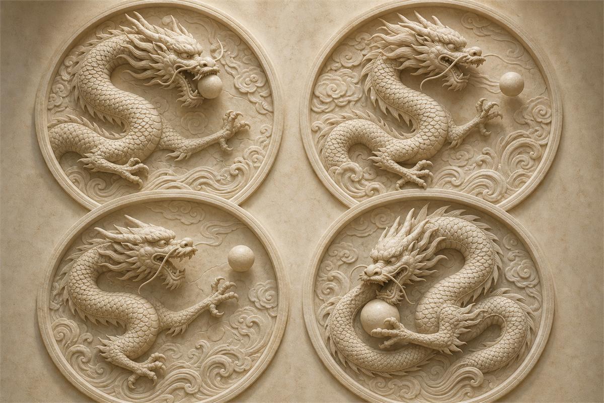 Four pale carved relief medallions showing dragons holding, approaching, and encircling round pearls