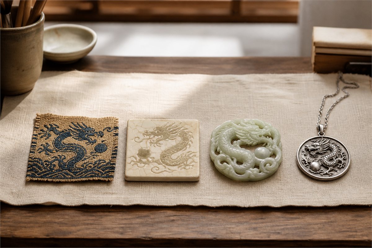 Textile, ceramic, jade, and silver dragon-and-pearl designs arranged on a studio table