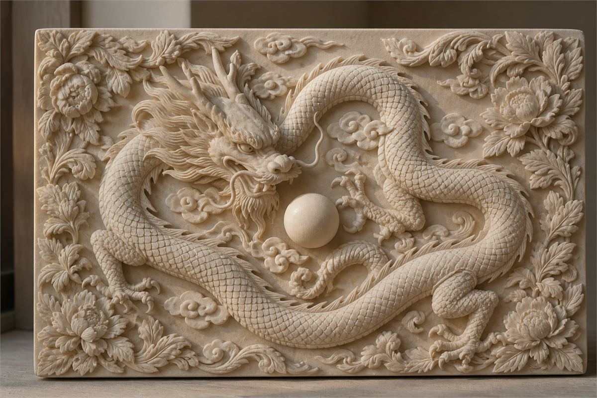 Pale carved relief of one dragon and pearl framed by peonies, leaves, and small clouds
