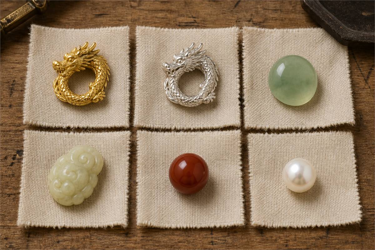 Gold and silver dragon forms with jade, agate, and cultured pearl components on separate cloth squares