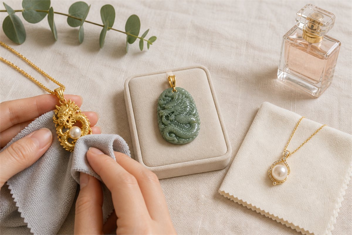 Gold pendant being dry-wiped beside separate jade and pearl pendants, with perfume kept away