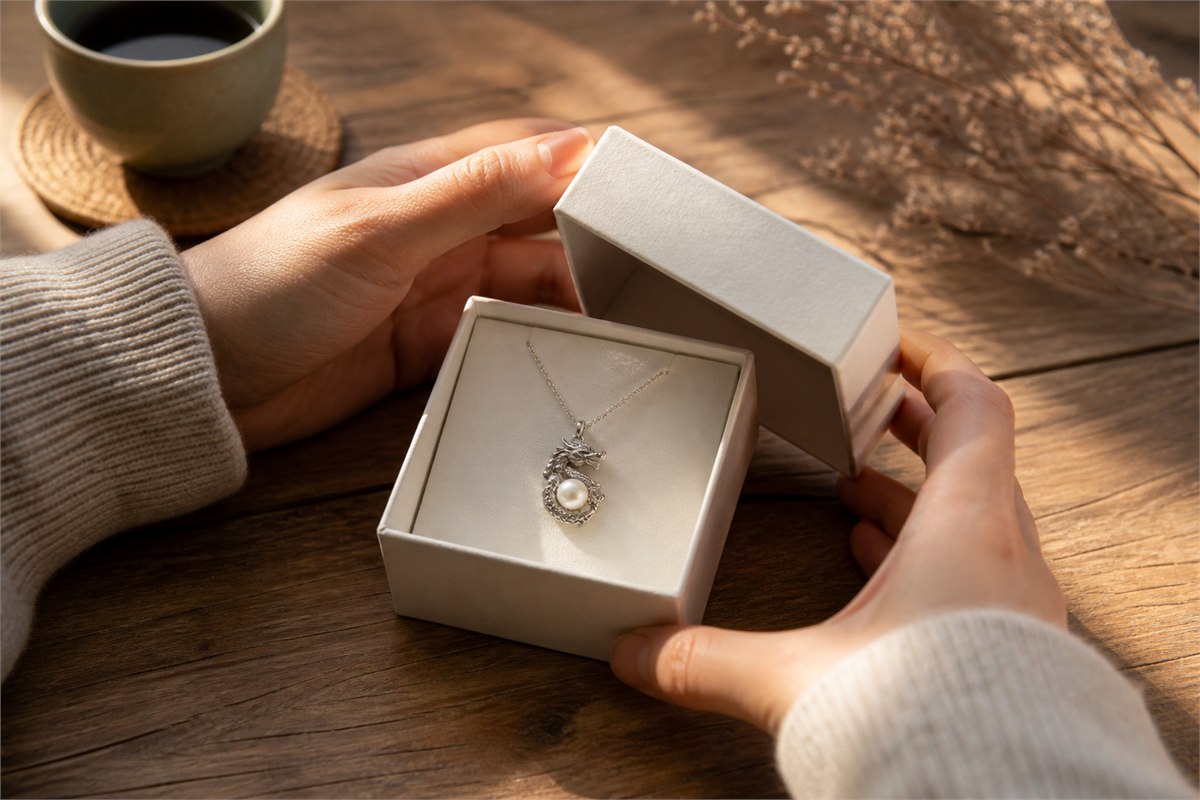 Hands opening a neutral jewelry box containing a silver dragon-and-pearl pendant in morning light
