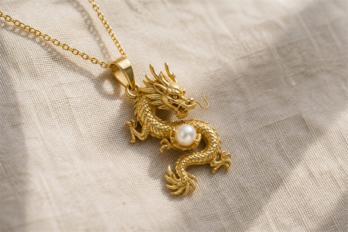 Realistic gold dragon pendant with pearl, bail, chain, and smooth wearable details