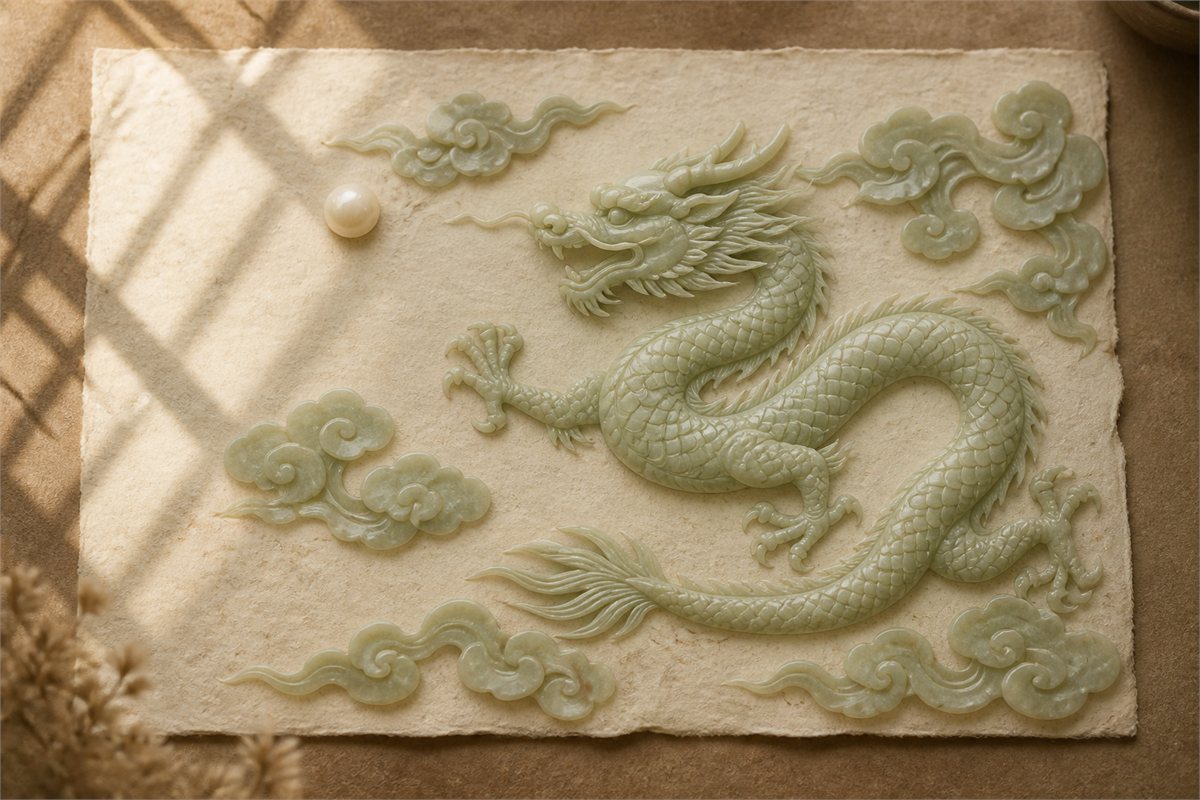 Pale green jade-style dragon ascending toward a pearl framed by ruyi-shaped clouds