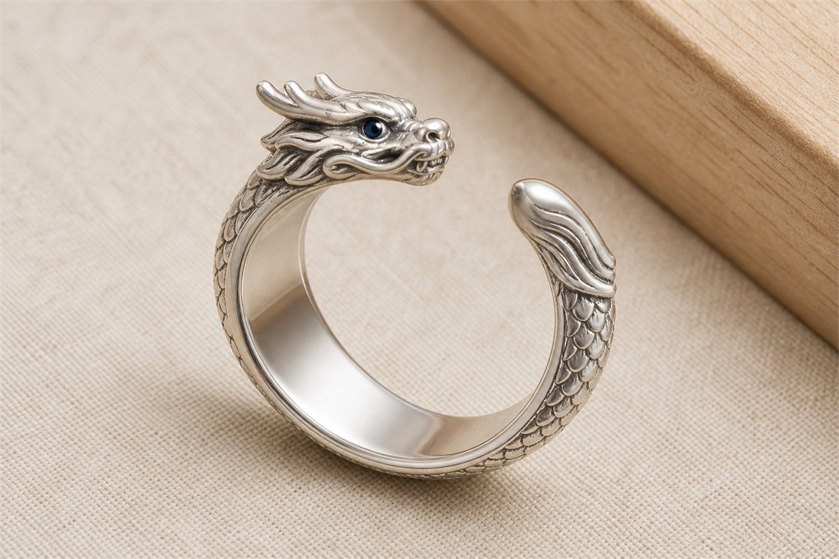 Open silver dragon ring with smooth inner band and rounded head and tail ends