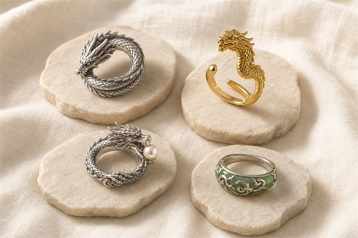 Four dragon rings with coiling rising pearl and abstract designs