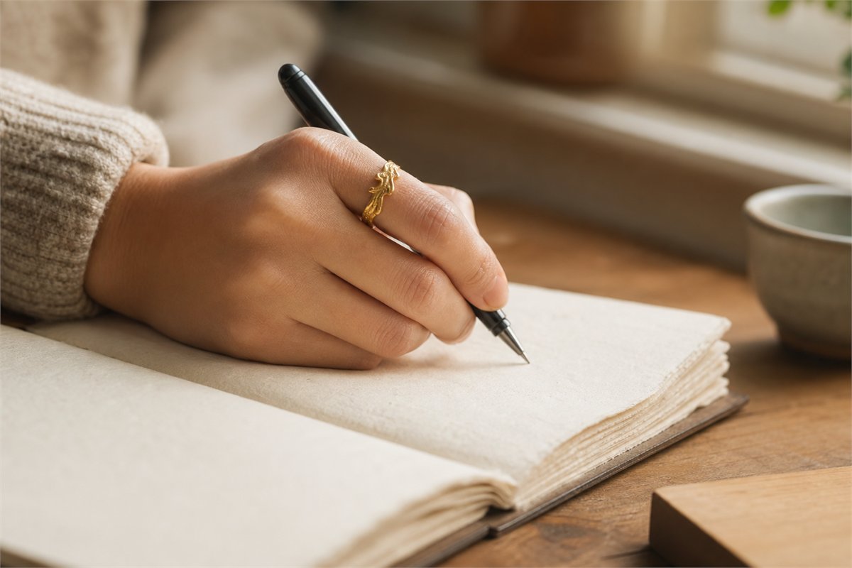 Gold abstract dragon ring worn on a hand writing in a blank notebook