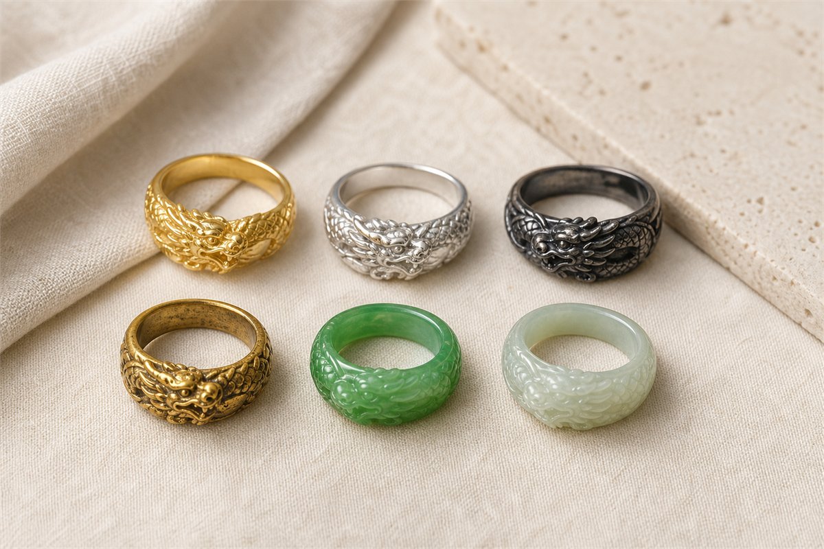 Six dragon rings in gold platinum silver plated metal jadeite and nephrite