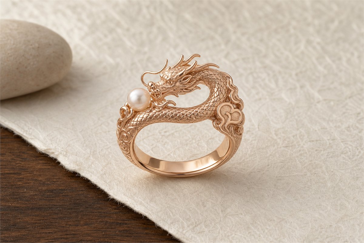 Rose gold dragon ring with a pearl cloud curves and wave details