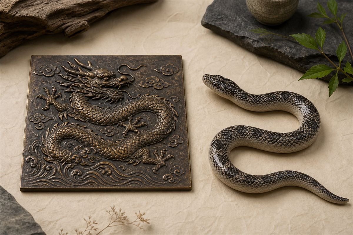 Modern bronze Chinese dragon relief beside a naturalistic limbless snake model