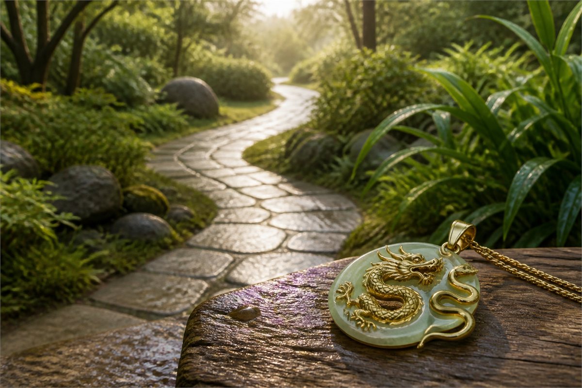 Dragon-and-snake jade pendant beside a rain-washed stone path leading into morning light