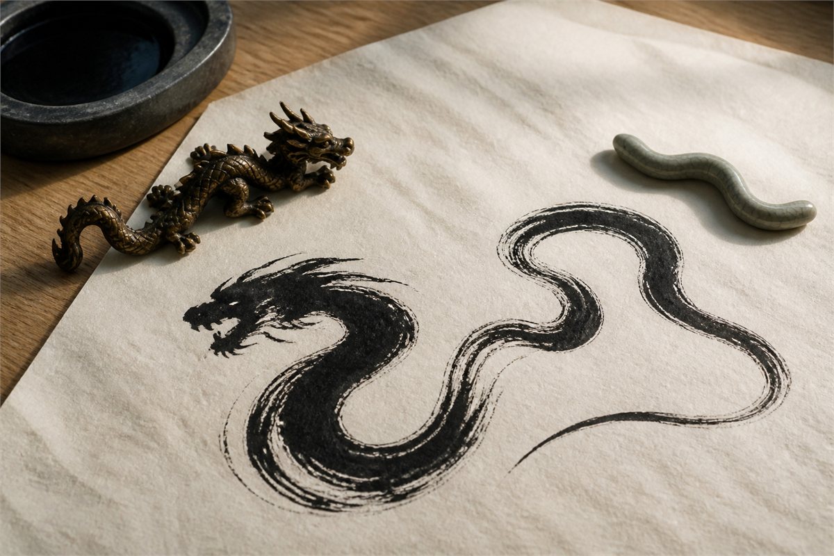 Abstract black ink curves with separate dragon and snake brush rests on cream paper