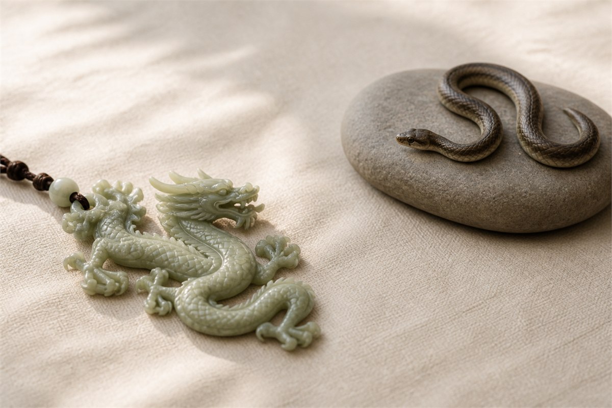 Pale jade Chinese dragon pendant and a real limbless snake resting separately on linen and stone