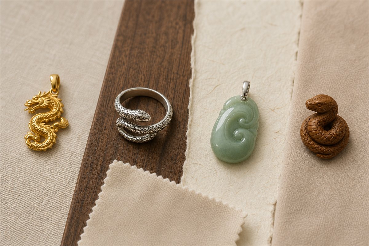 Separate gold dragon charm, silver snake ring, pale green jade pendant, and wood snake carving