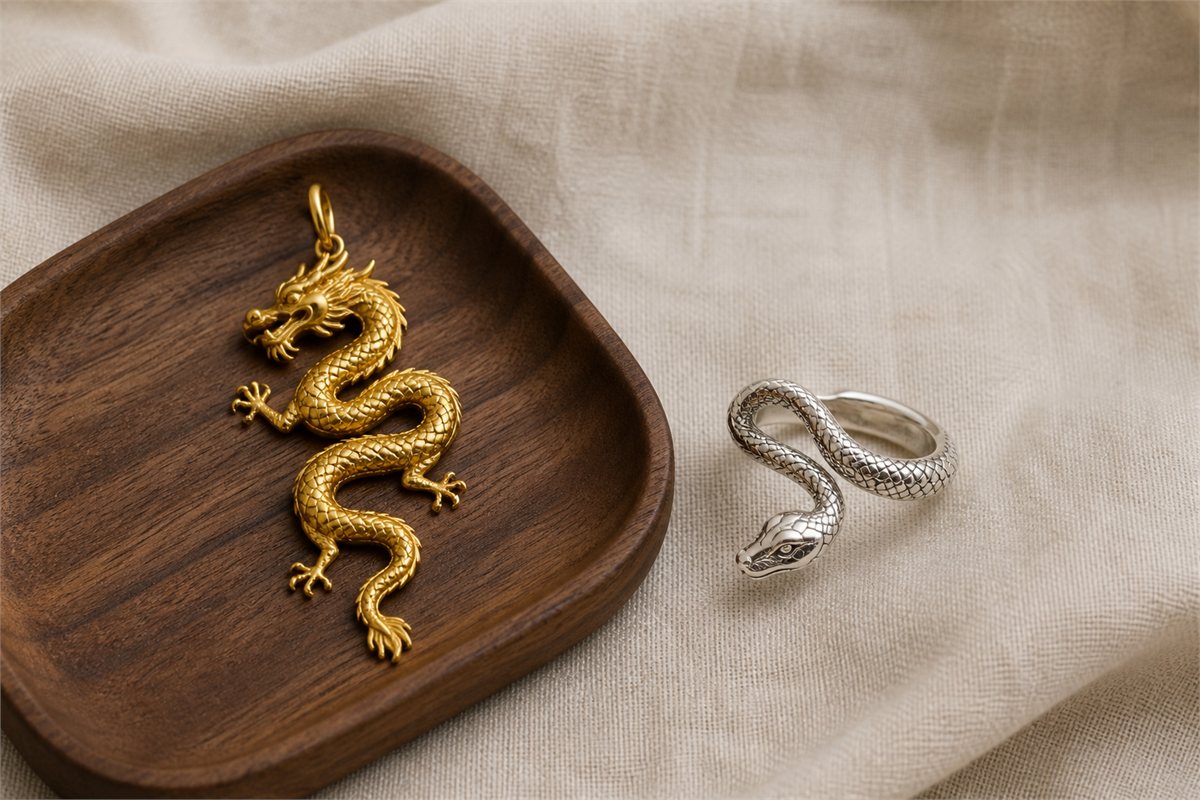 Gold Chinese dragon pendant and sterling silver snake ring displayed separately on linen
