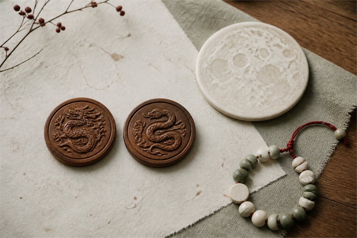 Carved wooden dragon and snake tokens beside a white moon-like ceramic disc and bead strand