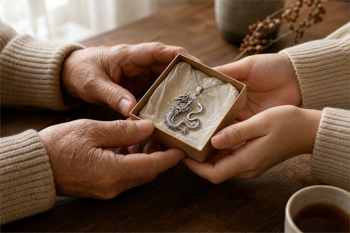 Two pairs of adult hands exchanging a paper box with a silver dragon-and-snake pendant