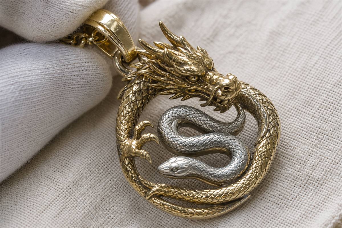 Close view of a gold and silver dragon-and-snake pendant with sturdy bail and smooth metalwork