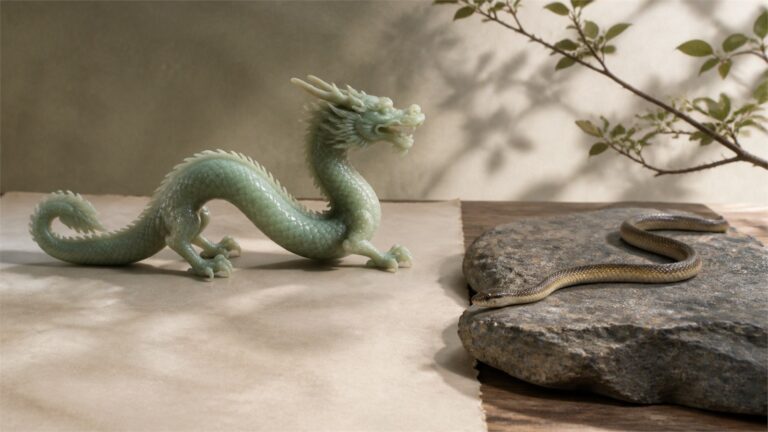 Celadon Chinese dragon sculpture beside a real limbless snake on a stone