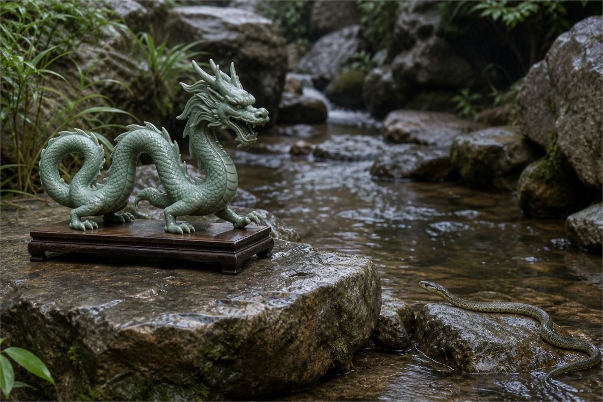 Celadon Chinese dragon sculpture and a real snake on separate stones beside a stream