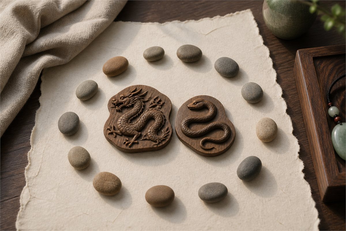 Wooden dragon and snake tokens placed next to each other within a circle of twelve river stones