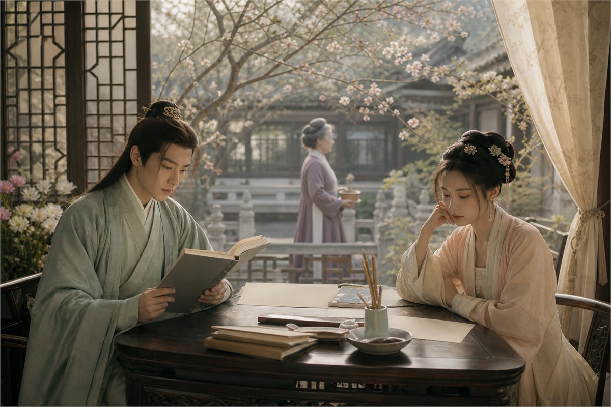 Two young Qing-era inspired readers share a quiet table in a flowering garden pavilion