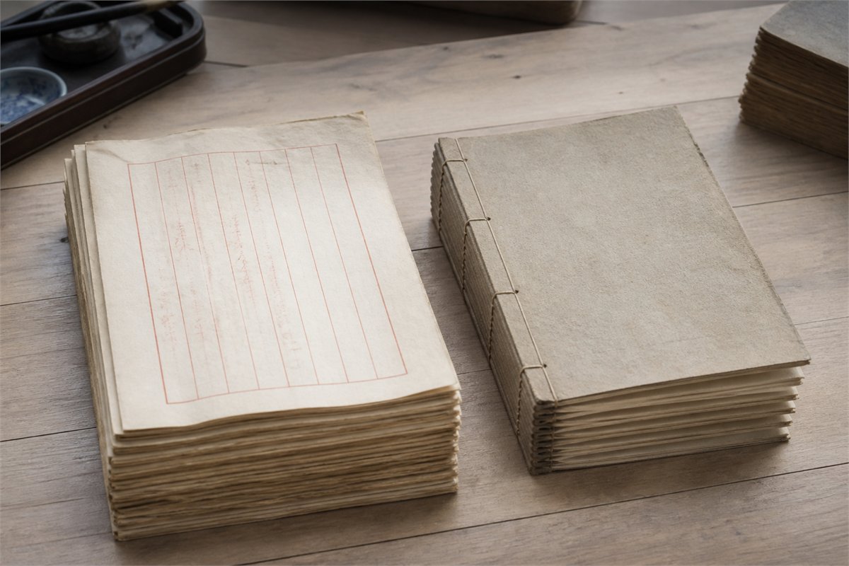 Two separate stacks of blank manuscript folios and a bound edition on an archival table