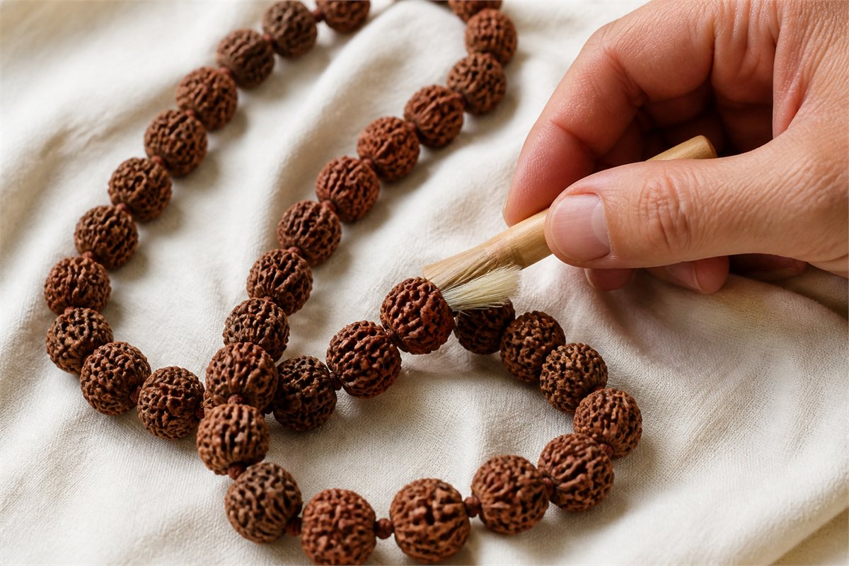 Hand gently cleaning deeply grooved rudraksha beads with a soft dry brush