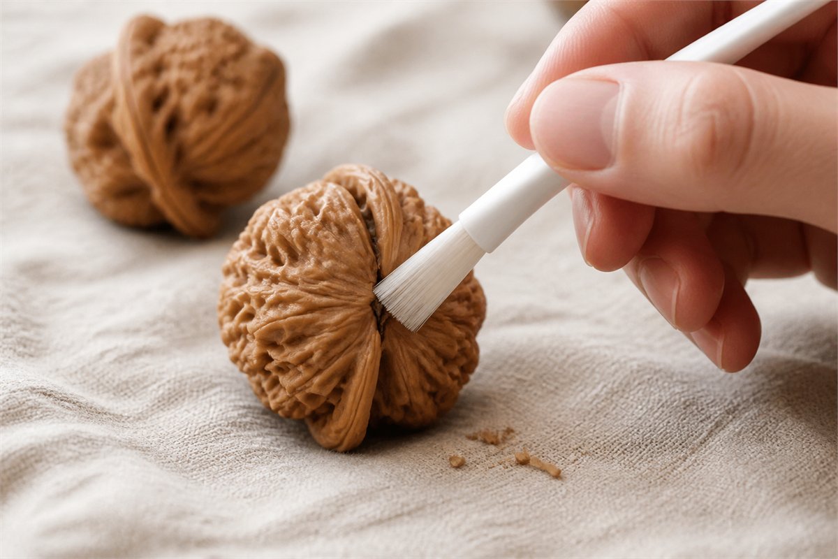 A soft nonmetal detail brush gently cleans the deep grooves of a dry Wenwan walnut pair.