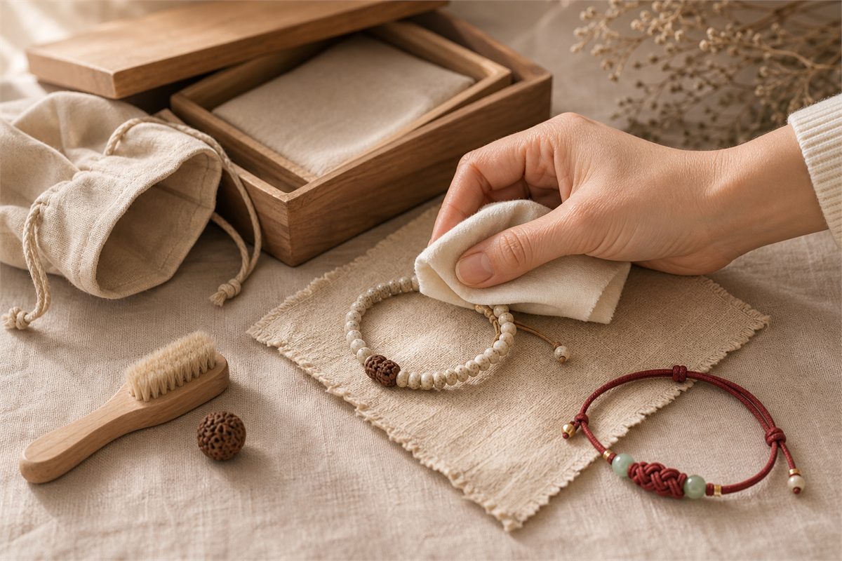 Hand wiping a dry seed bracelet with soft cloth beside a soft brush, cotton pouch, and open wood box