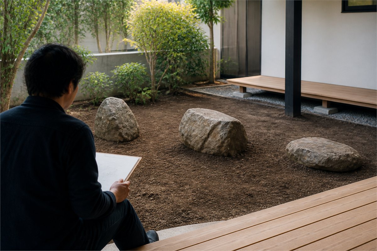 Garden designer viewing three partially placed stones before gravel is spread