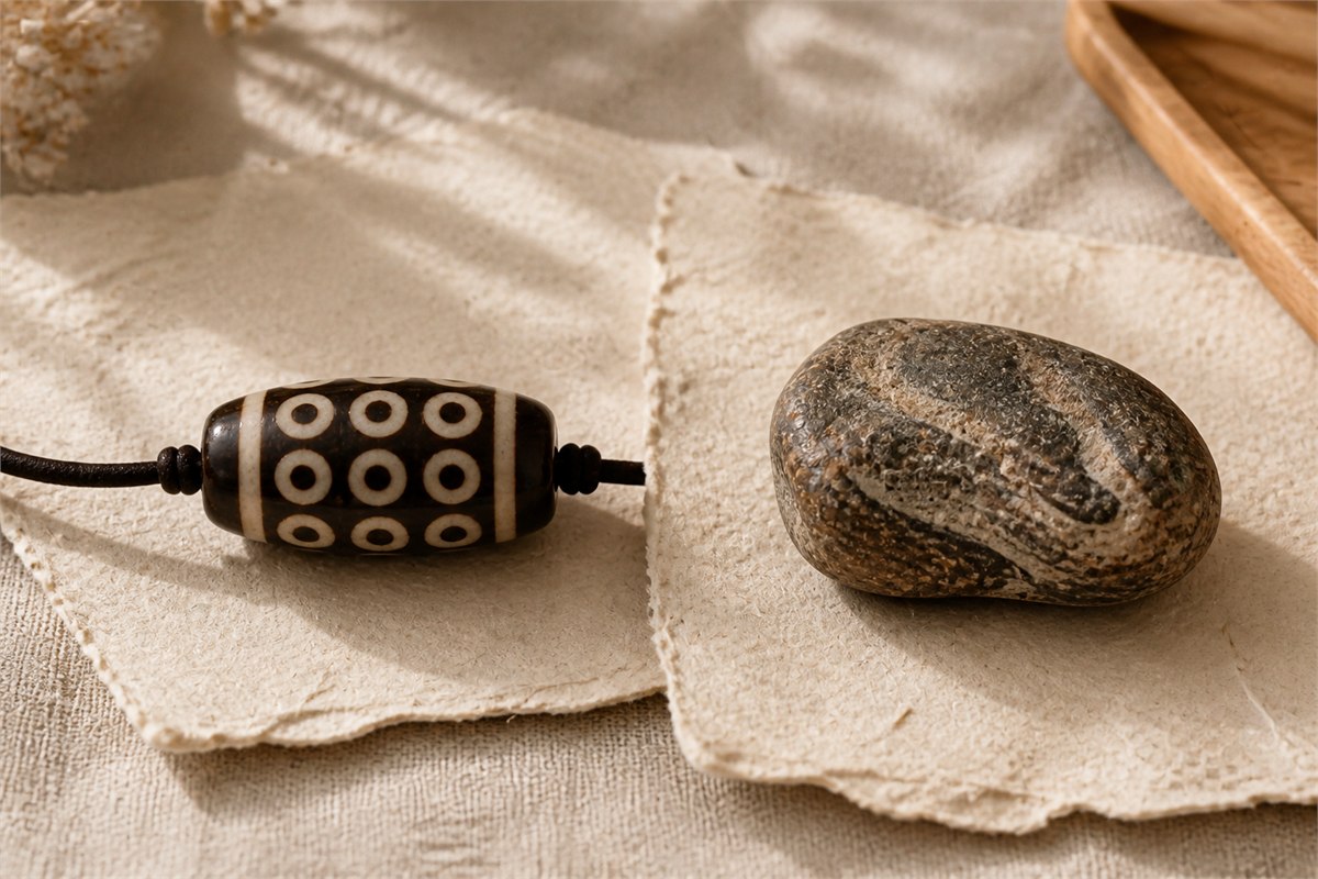 Crafted nine-eye Dzi bead beside an irregular naturally patterned stone