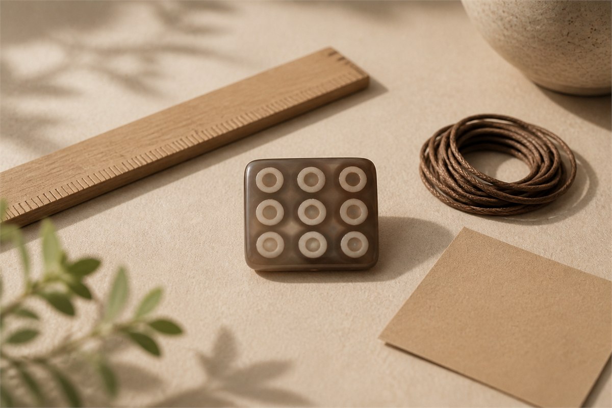 Nine-eye patterned bead beside an unmarked wooden measure, blank card, and cord