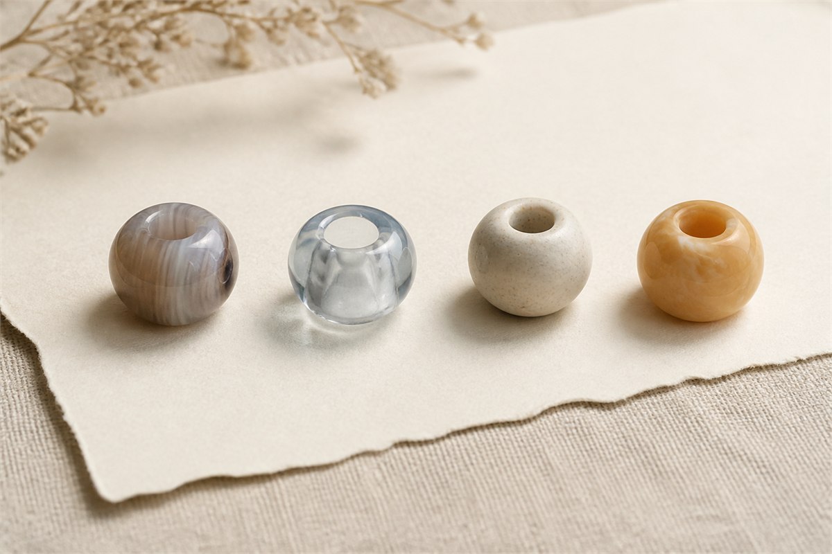 Agate, glass, ceramic, and resin beads arranged side by side on neutral fabric