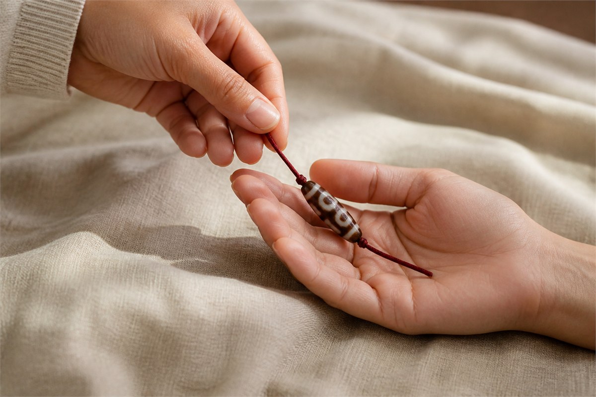 Two hands passing a modern patterned agate bead on a muted red cord