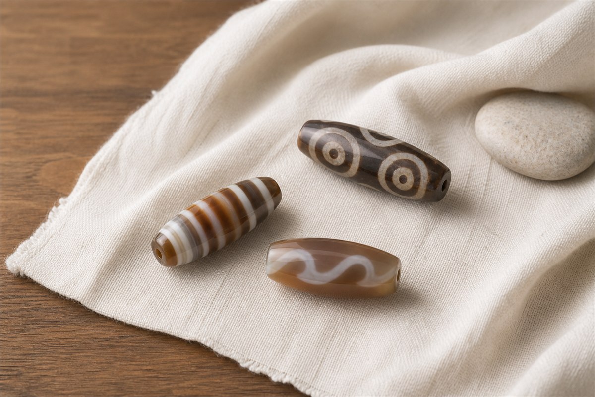 Three modern agate Dzi-style beads with eye, stripe, and wave patterns on ivory linen
