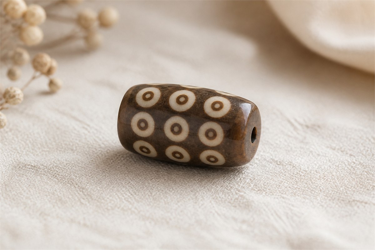 Modern nine-eye Dzi bead in neutral light with its surface and drill opening visible