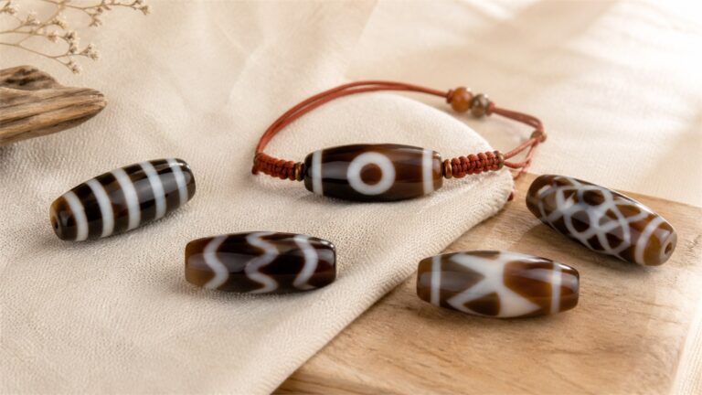 Modern patterned agate Dzi-style beads with eye, stripe, wave, and geometric motifs on warm ivory linen