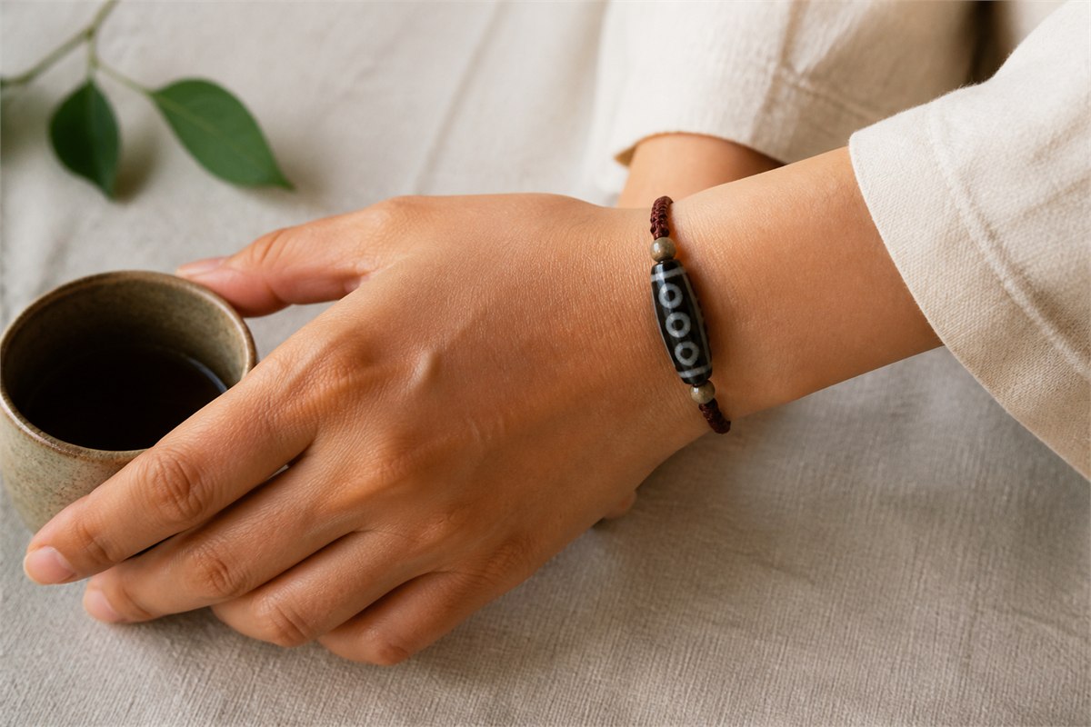 Modern eye-pattern agate bead centered on a cord bracelet worn beside a ceramic cup